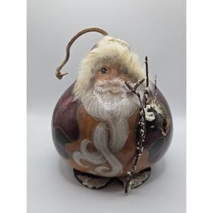 PRIMITIVE Hand Painted FOLK ART Gourd CHRISTMAS SANTA, Missing Arm